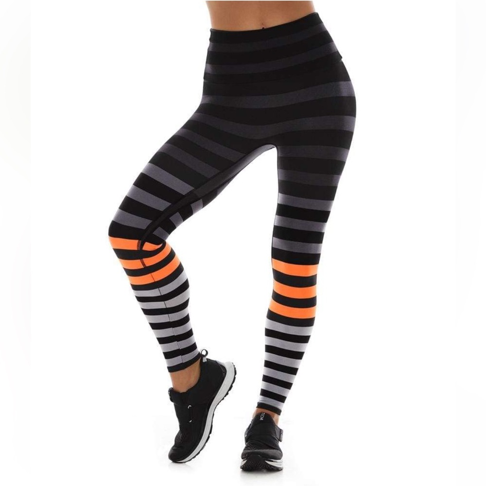 K-DEER Vibrant Black and Orange Striped Leggings
